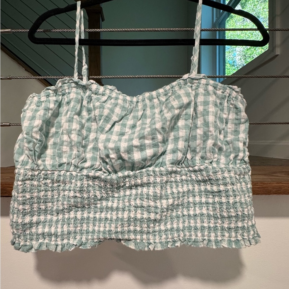 American Eagle Outfitters Mint and White Gingham Smocked Cami